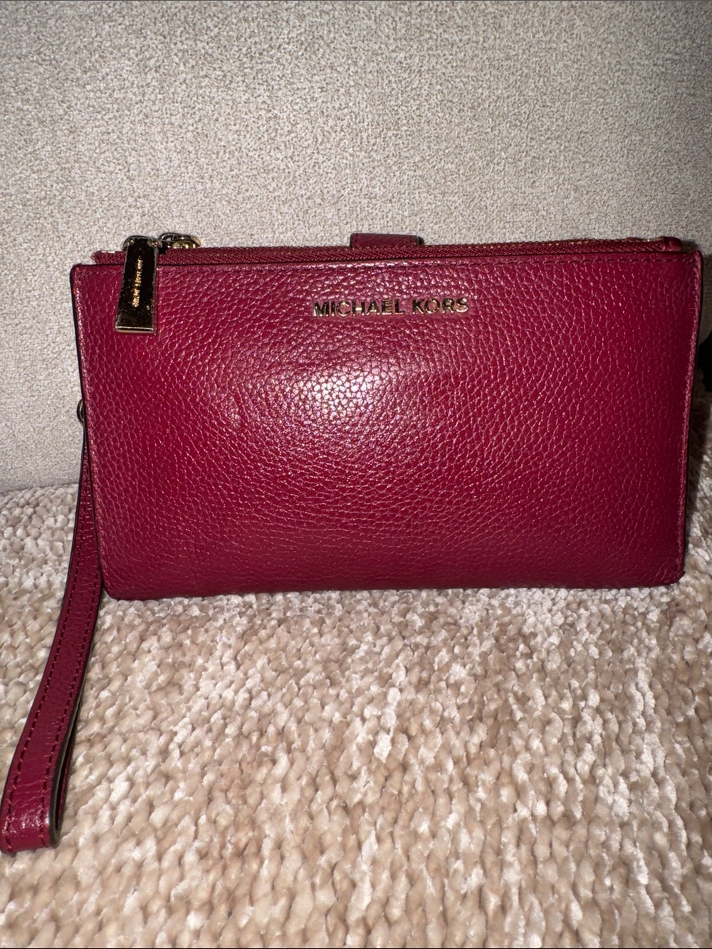 Michael Kors Raspberry Red Pebbled Leather Large Bifold Wristlet